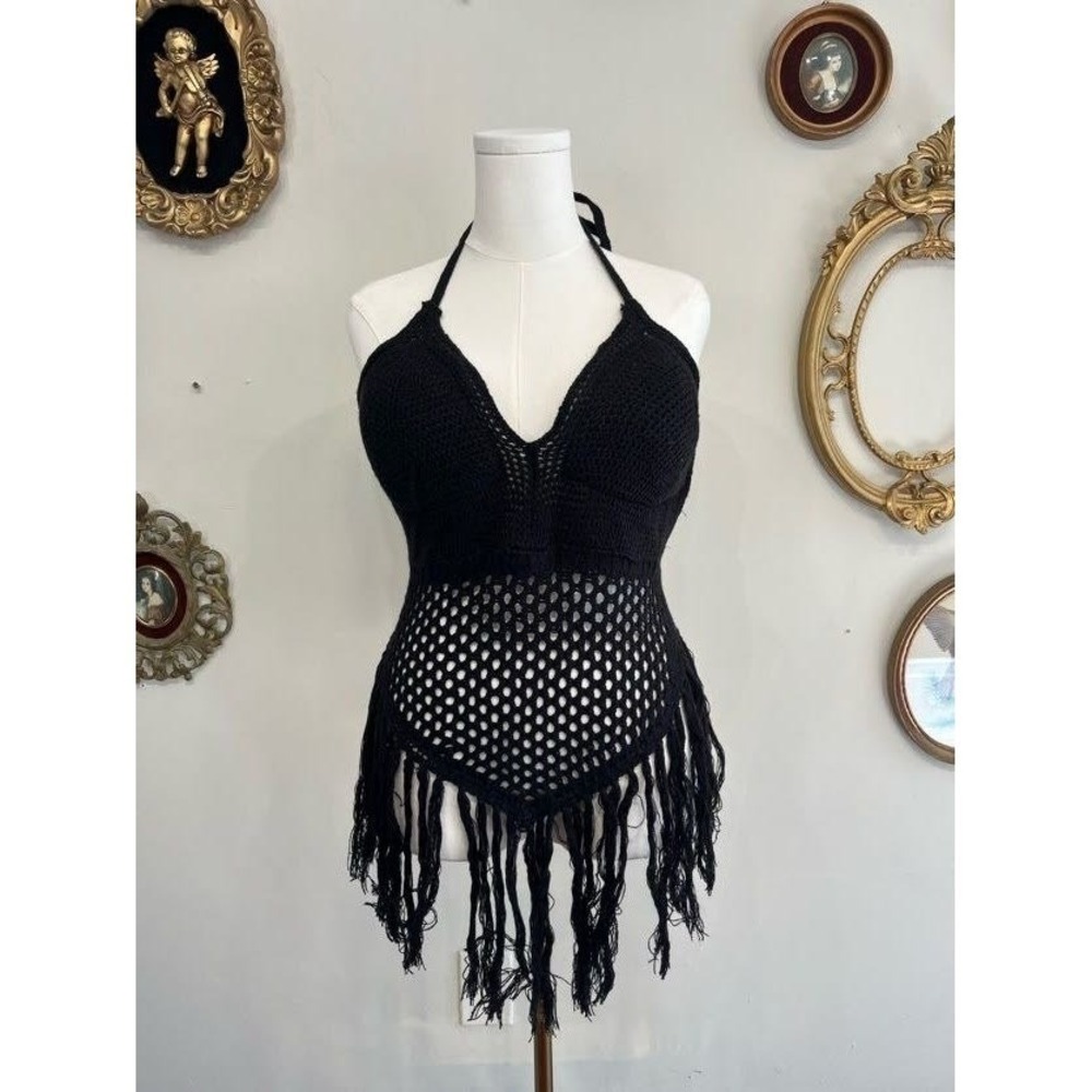 Trendy Threads Black Crochet Fringe Halter Top 3X‎